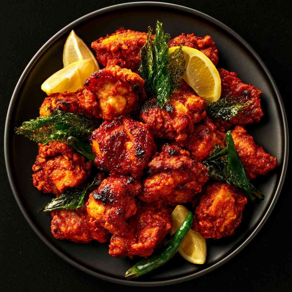 Crispy, spicy Chicken 65 garnished with curry leaves and green chilies