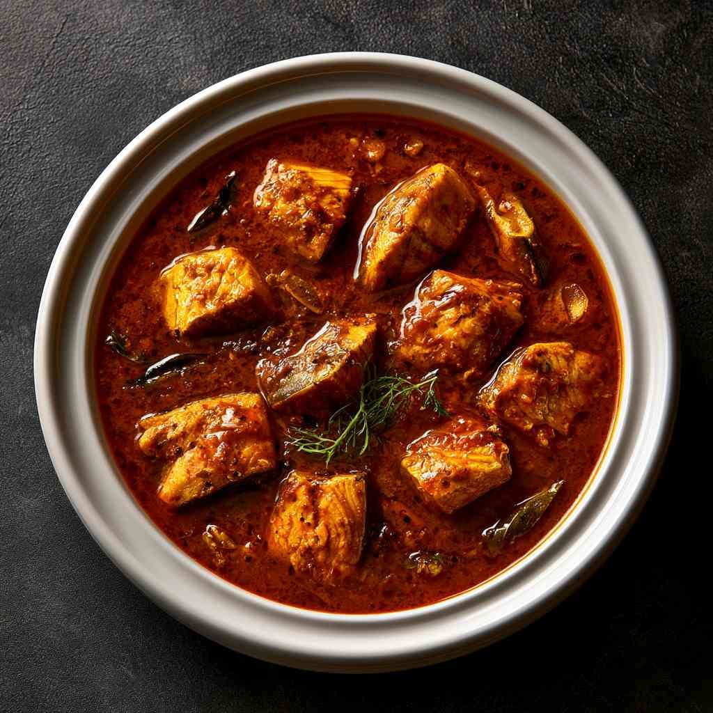 Sangam Special Meen Kulambu, a tangy South Indian fish curry garnished with curry leaves