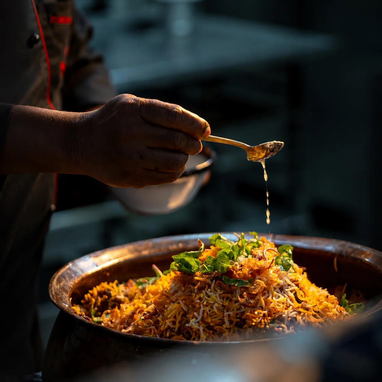 A chef drizzling ghee over a freshly finished biryani at Sangam Indian Restaurant